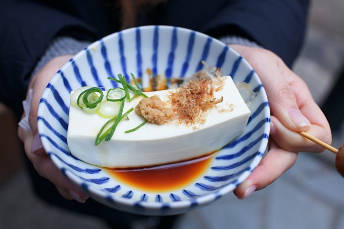 Tofu in a blue bowl