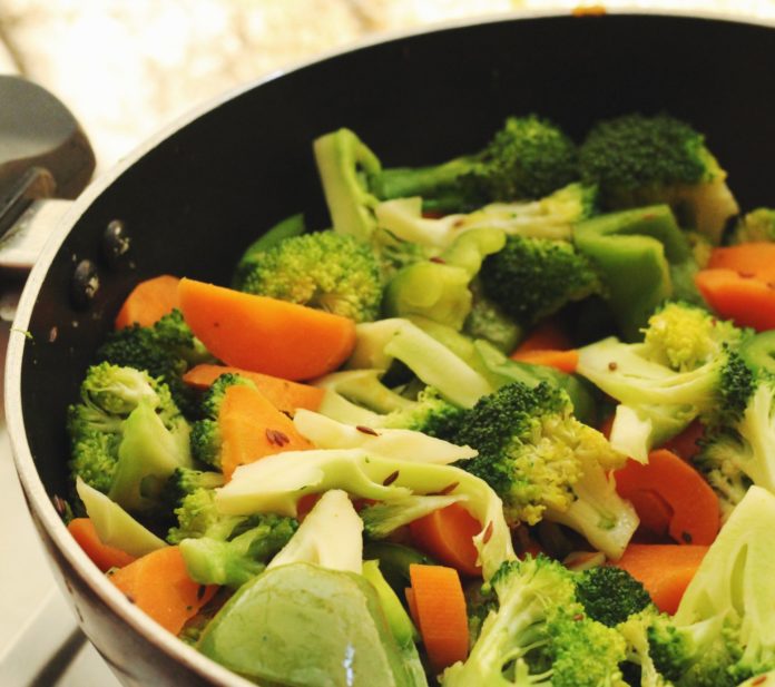Broccoli and carrots in a pan