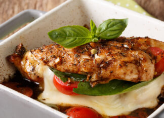 Balsamic chicken breast stuffed with mozzarella, basil and tomatoes