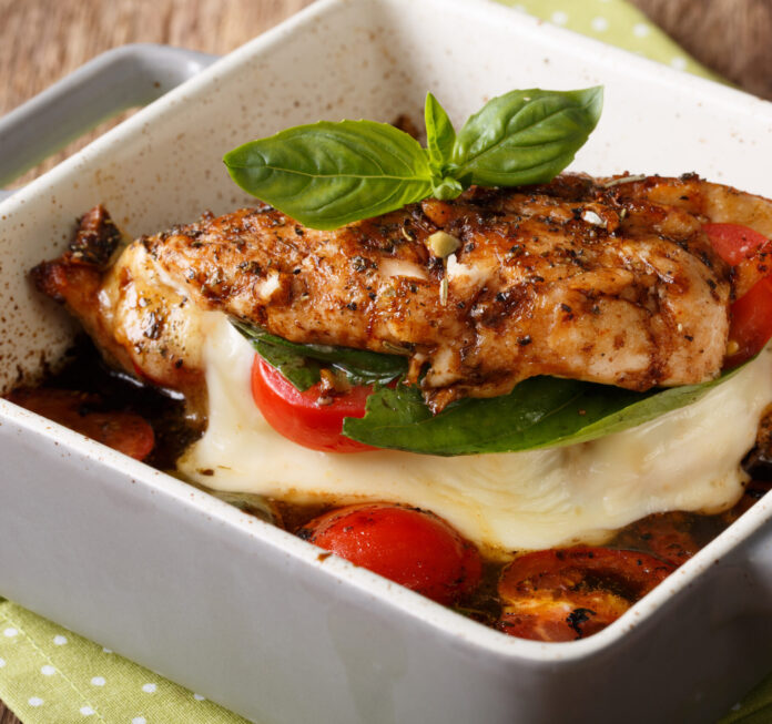 Balsamic chicken breast stuffed with mozzarella, basil and tomatoes